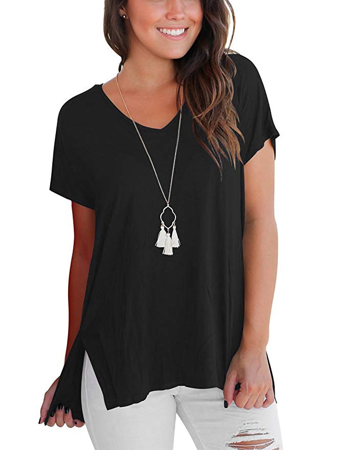 Women's Short Sleeve High Low Loose T Shirt Basic Tee Tops with Side Split