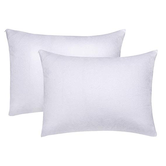 Docamor 100% Waterproof Pillow Protectors, Zippered Hypoallergenic Pillow Covers with Terry Surface and Breathable and Skin-Friendly Membrane - Queen Size - 2 Pack