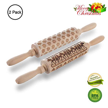 Kumiba Christmas Wooden 3D Rolling Pins, Engraved Embossing Rolling Pin with Christmas Tree Deer Pattern and Snowflake Pattern, Rolling Pin Kitchen Tool 2 pack(35x5/cm)