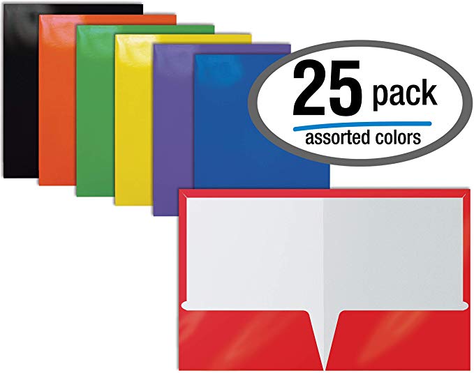 2 Pocket Glossy Laminated Paper Folders, Assorted Colors, Letter Size, Paper Portfolios by Better Office Products, Box of 25 Assorted Color Folders (no prongs)