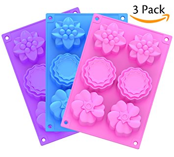 Ouddy 3 Pack 6 Cavity Flower Shape Silicone Soap Making Mold Handmade Chocolate Cake Baking Molds DIY Soap Mold with 2 S Hooks