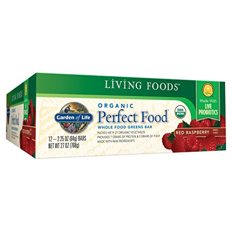 Garden of Life Organic Perfect Food Whole Food Fruit and Greens Bars with Fiber and Probiotics, Vegetarian, Red Raspberry 64g bars (12 per carton)