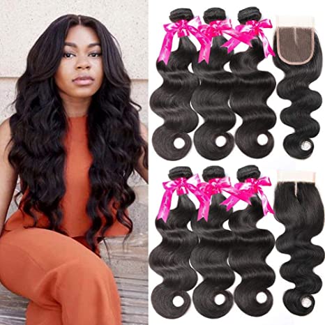 Beauty Princess Body Wave Human Hair 3 Bundles with Closure Double Weft 8A Brazilian Hair Bundles With Closure (24 26 28 20Inch)