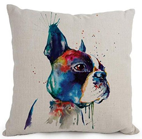 Cotton Linen Cartoon Lovely Animal Abstract Oil Painting Adorable Pet Dogs Boston Terrier Throw Pillow Covers Cushion Cover Decorative Sofa Bedroom Living Room Square 18 Inches