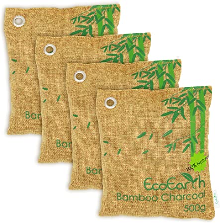 EcoEarth Bamboo Charcoal Air Purifying Bag (4 Pack: 4x500g), Nature Fresh Air Purifier Bags, Activated Charcoal Odor Absorber for Home, Car, Shoes, Closet, Kitchen