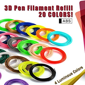 3D Pen Filament Refills 1.75mm ABS Filament Pack of 20 Different Popular Colors(16.4FT/5M Each) Included 4 Glow in the Dark- Plastic Filament for 3D Printing Pen