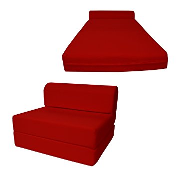 Red Sleeper Chair Folding Foam Bed Sized 6" Thick X 32" Wide X 70" Long, Studio Guest Foldable Chair Beds, Foam Sofa, Couch, High Density Foam 1.8 Pounds.
