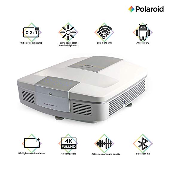 Polaroid Ultra Short Throw Projector U-100: 30,000-hour LED Light Source, Android OS - Home Theater Projector TV, Supports Gaming, Dual-Band WiFi, 4K Compatible with 0.2:1 Throw Ratio