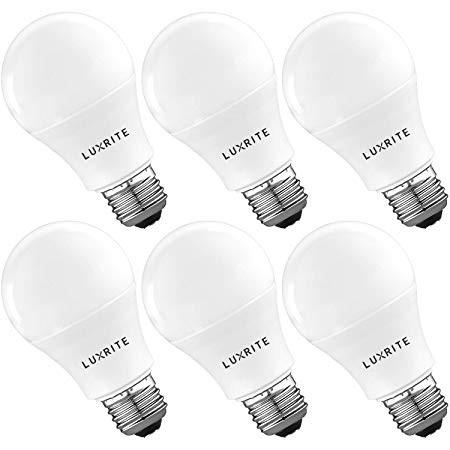 Luxrite A19 LED Light Bulb 60W Equivalent, 4000K Cool White Dimmable, 800 Lumens, Standard LED Bulb 9W, E26 Base, Energy Star, Enclosed Fixture Rated, Perfect for Lamps and Home Lighting (6 Pack)