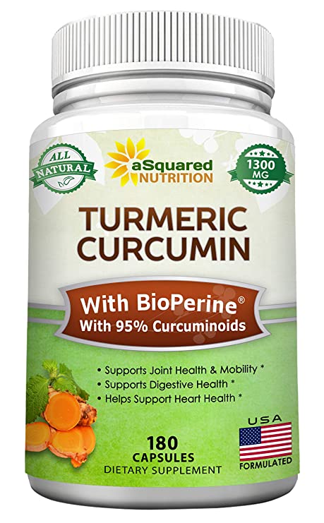 aSquared Nutrition Turmeric Root Powder Curcumin Supplements 1300 mg with BioPerine Black Pepper Extract, 180 Capsules
