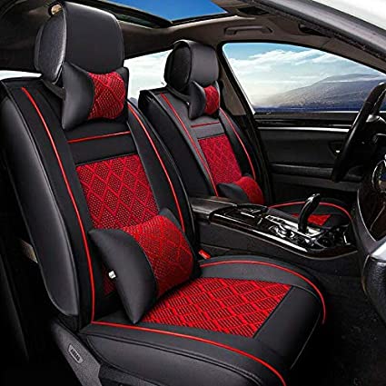 MAGQOO Universal PU Leather Car Seat Cover Full Set w/Pillows 5-Seats SUV Seat Cover Front Rear (Black/Red Mesh)