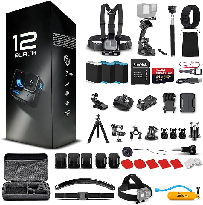 Go Pro HERO12 (Hero 12) Black - with 50 Piece Accessory Kit and 2 Extra Batteries   64GB Card - Waterproof Action Camera - 5.3K HDR, 27MP Photos, 1/1.9" Sensor, Live Streaming, Webcam, Stabilization