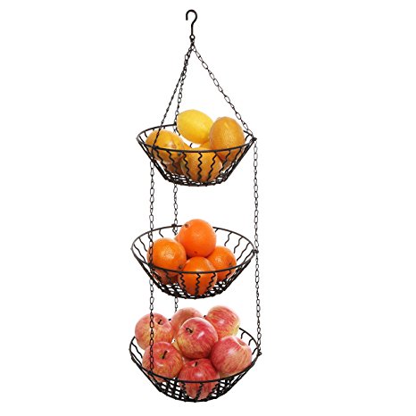 3 Tier Kitchen Ceiling Hanging Black Metal Fruit Basket Rack / Produce Holder