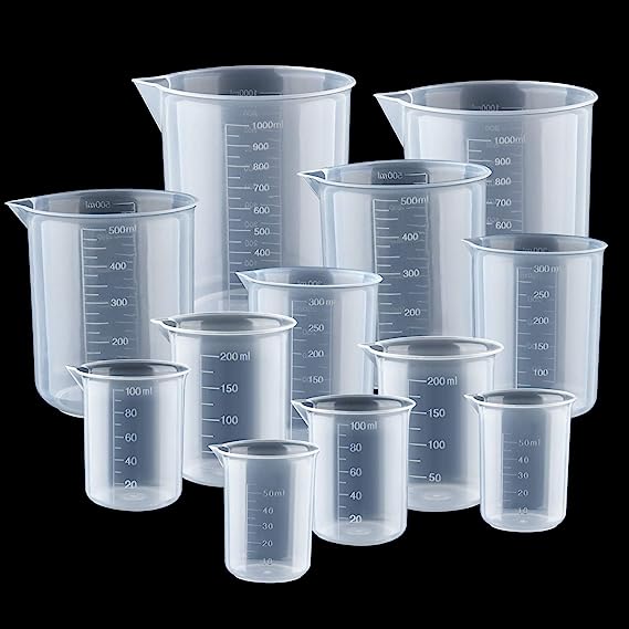 Coopay 12 PCS Plastic Beakers Plastic Graduated Cups Clear Multipurpose Measuring Cups Epoxy Mixing Cups, Liquid Container Beakers in 50ml/100ml/200ml/300ml/500ml/1000ml for Resin, Epoxy, Mixing Paint