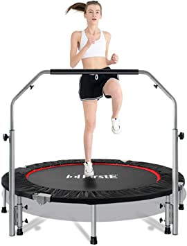 FirstE 48" Foldable Fitness Trampolines, Rebound Recreational Exercise Trampoline with 4 Level Adjustable Heights Foam Handrail, Jump Trampoline for Kids and Adults Indoor&Outdoor, Max Load 440lbs