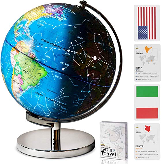 9"Educational LED Illuminated Spinning Children World Globe with Stand Plus a Bonus Card Game. 3 in 1 Interactive Desktop Earth Globe for Kids - Night Light Lamp, Political Map and Constellation View
