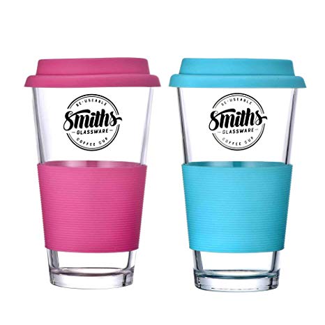 Glass Coffee Cups with Silicone Handle - Set of 2 - For Hot or Cold Beverage To-Go - Great for Office, Gym - Fits Car Drinks Holder Perfectly | Smith's Mason Jars