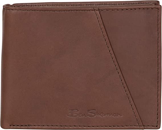 Ben Sherman Men’s Slimfold Full-Grain Anti-Theft RFID Security ID Window, Smooth Marble Crunch Brown Leather, Passcase Bi-Fold Wallet