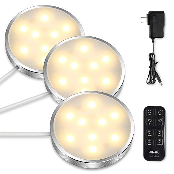 Albrillo LED Puck Lighting Remote Control, Dimmable Under Cabinet Lights, Warm White 3000K Kitchen Under Counter Lights, 3 Pack