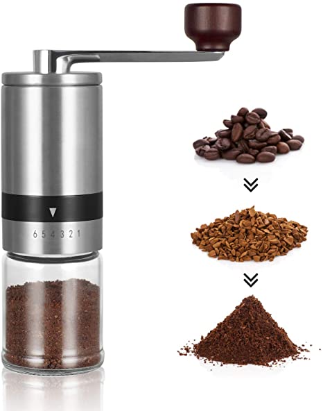 Manual Coffee Grinder - Hand Coffee Mill with Ceramic Burrs 6 Adjustable Settings - Portable Hand Crank (Straight)