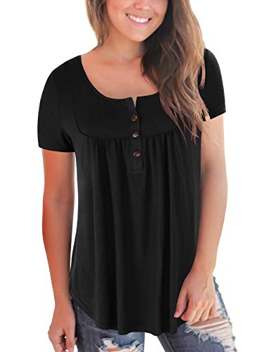 liher Womens Tops Short Sleeve Casual Henley Neck Button Up Loose Fit Tunic Tops Blouses