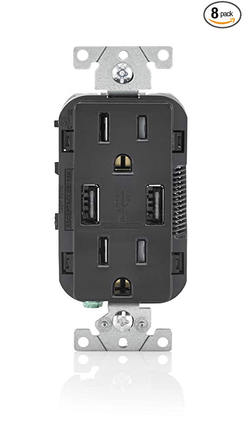 Leviton T5632-E USB Charger/Tamper-Resistant Duplex Receptacle, 15-Amp, 8-Pack, Black