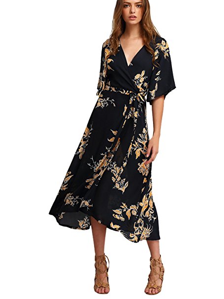 Milumia Women's Boho Deep V Neck Floral Chiffon Wrap Split Long Dress