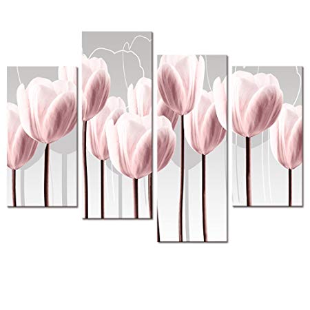 Visual Art Floral Canvas Wall Art,Canvas Print Pink Tulips for Wall Decor, Framed and Stretched 4 Panels Elegant Flowers Canvas Prints (01 Pink Tulip)