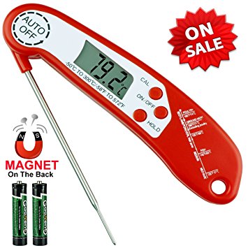 Food Thermometer,Digital Instant Read Meat Thermometer with Foldable Probe, Fast & Auto On/ Off for Kitchen Cooking, BBQ, Poultry,Candy,Water and Charcoal Grill(Battery Included - Red)