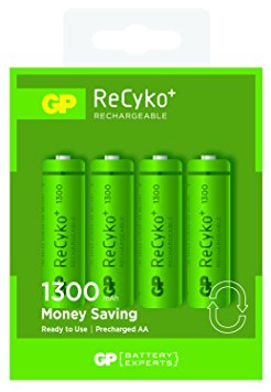 4 x AA Rechargeable 1300mAh ReCyko+ Batteries | Up To 300 Charges Per Battery |Pre-charged Holds Power up to 80% after 1 Year