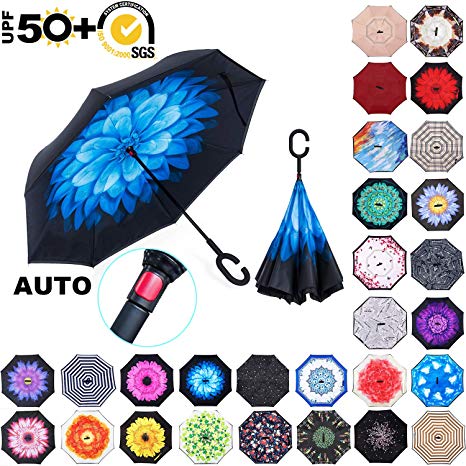 ABCCANOPY Inverted Umbrella,Double Layer Reverse Windproof Teflon Repellent Umbrella for Car and Outdoor Use, UPF 50  Big Stick Umbrella with C-Shaped Handle and Carrying Bag, 30  Multi Colors