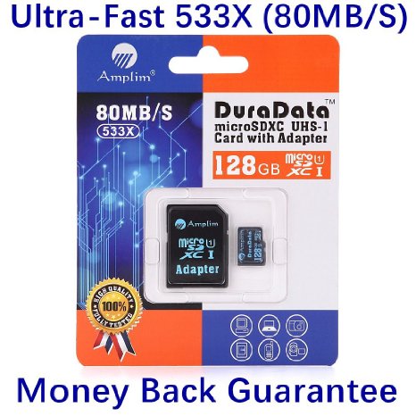 128GB MicroSDXC Plus Adapter Class 10 UHS-I Micro SDXC SD Memory Card - Pro 128 GB Ultra High Speed 80MBs 533X Microsd Flash Extreme Pack Amplim Phone Tablet Storage Black 128G UHS-1 Class10 TF