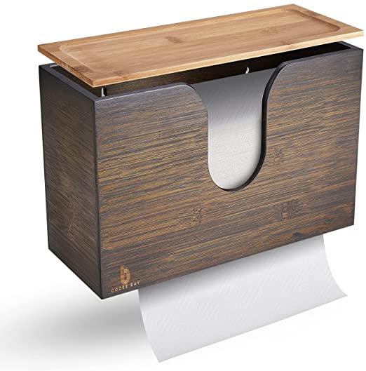 Cozee Bay Bamboo Paper Towel Dispenser, Paper Towel Holder with Lid for Home and Commercial, Wall Mount or Countertop for Multifold, C Fold, Z fold, Trifold Hand Towels (Vintage Brown)