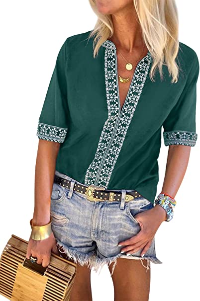 FARYSAYS Women's Summer Boho Embroidered V Neck Short Sleeve Casual T-Shirt Tops Loose Blouse