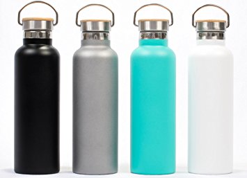 Pure Flask Insulated Water Bottle 750ml (25oz) and 500ml (17oz) Sizes BPA Free Sport Hydration Stainless Steel Water Bottle, Durable Paint with Wide Mouth Swivel Handle and Bamboo on Top