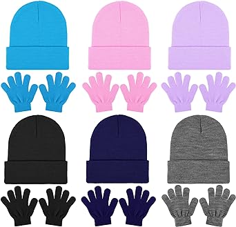 Cooraby 6 Pack Beanies Hats and 6 Pairs Stretchy Full Fingers Gloves for Boys Girls