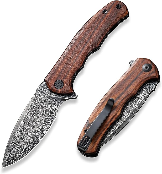 CIVIVI Folding Pocket Knife for EDC, Small Mini Praxis Knife for Men Women, 2.98" Damascus Blade Guibourtia Wood Handle, Sharp Camping Hiking Knives C18026C-DS1