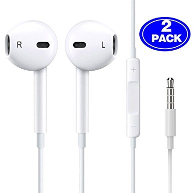 Wired Headphones Earbuds with Mic Earphones and Remote Control for Apple iPhone/iPod/iPad/Samsung Galaxy, White (2-PACK)