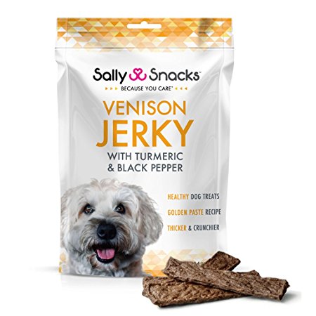 SALLY SNACKS – Natural Venison Jerky w/ Turmeric & Black Pepper (4oz.) Tasty Gourmet Dog Treats – ONLY 3 ORGANIC INGREDIENTS – Powerful Antioxidants & Nutrients – Manufactured in USA