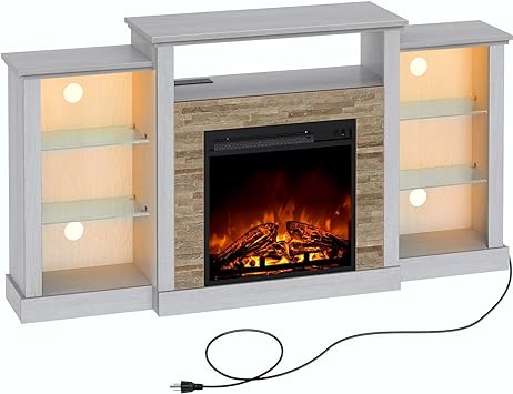 Rolanstar Fireplace TV Stand with Led Lights and Power Outlets, TV Console for TVs 59", Entertainment Center with Adjustable Glass Shelves, White