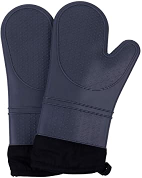 Grey Silicone Non-Slip Heat Resistant Oven Hot Mitts - 1 Pair of Extra Long Professional Heat Resistant Baking Gloves - BBQ Oven Gloves for Kitchen Cooking, Baking, Grill