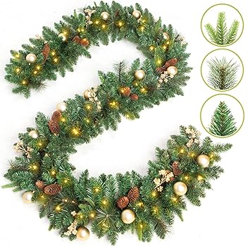 KING BIRD 9 FT by 12 Inch Prelit Christmas Garland with 50 Warm Lights, Battery Operated Xmas Garland with Pine Cones and Timer, Front Door Mantle Garland Christmas Holiday Decoration Indoor Outdoor