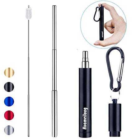 [Updated] Portable Collapsible Reusable Straws - Telescopic Stainless Steel Metal Travel Straw Drinking with Case, Cleaning Brush and Keychain, by Huameilong, Black
