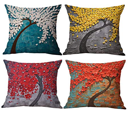 Geepro 18x18 inches Oil Painting Linen Cotton Pillow Case Covers Square Decorative Cushion Covers Set of 4 (Red)
