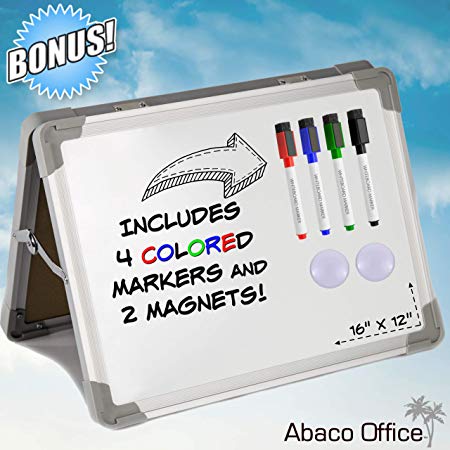 Small Dry Erase White Board | 16 x 12 Inch | Mini Magnetic Desktop Foldable Whiteboard Easel for Teachers, Classroom | Bonus: 4 Colorful Dry Erase Markers with Magnetic Caps and Two Paper Magnets!