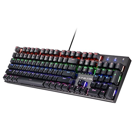 100% Mechanical Keyboard, [104 Keys,9 Lighting Modes,Water-resistance] Dpower Gaming Keyboard RGB with Blue Switches, 6-Color Backlit, 12 Multimedia Function Key Combinations for Gamer, Typists, Office – Black