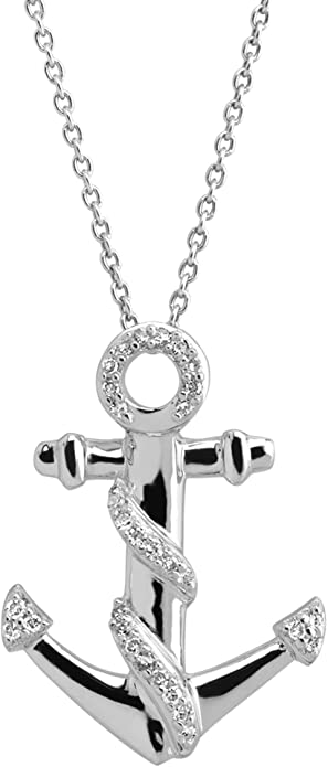 1/10 ct Diamond Anchor Twist Pendant Necklace in Sterling Silver