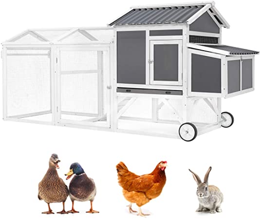 Esright 92” Outdoor Wooden Chicken Coops for 8 Chickens with Wheel and Run and Nesting Box, Rabbit Hutch Bunny Cage for Small Animals Poultry