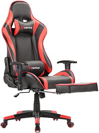 Morfan Gaming Chair Computer Office Chair with Footrest ，Massage and Rocking Function Swivel Racing Style PU Leather Racing Chair (red)