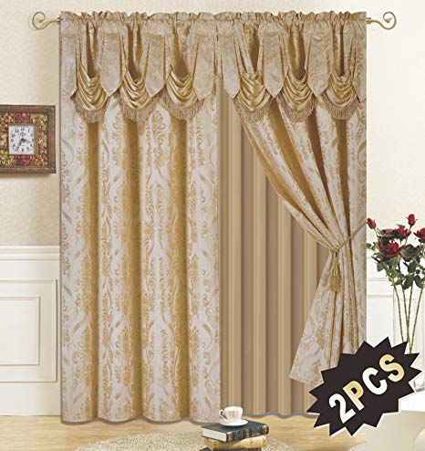 All American Collection New 4 Piece Drape Set with Attached Valance and Sheer with 2 Tie Backs Included (63" Length, Gold)